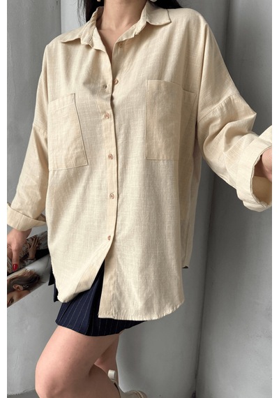 Paw Garage Kadın Harper Çift Cepli Oversize Keten Gömlek, 2025 Summer Collection Taş