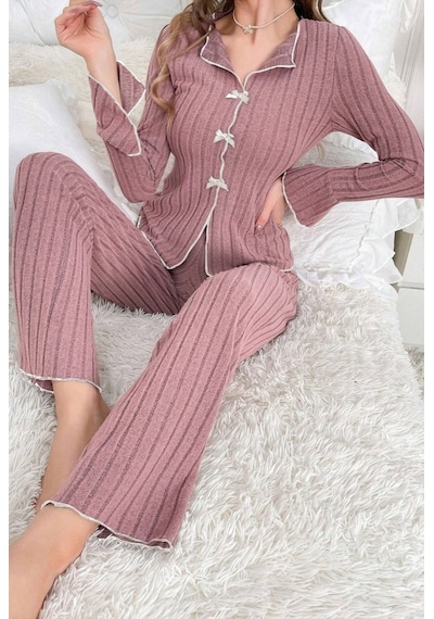 Bella Notte Gül Kurusu Uzun Kollu Fırfırlı Pijama Takımı Beyaz