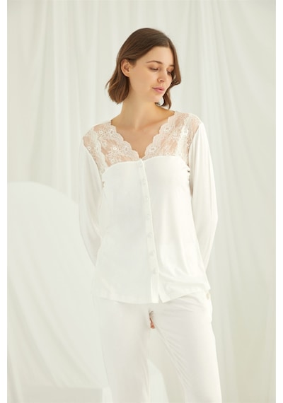Monamise Kadın Yakası ve Omzu Dantelli Önü Boydan Düğmeli Pijama Takımı 18201 Beyaz