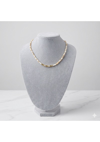Rhea Modern Minimal Bamboo Form Beyaz Taş Detaylı Gold Kolye Altın - Beyaz
