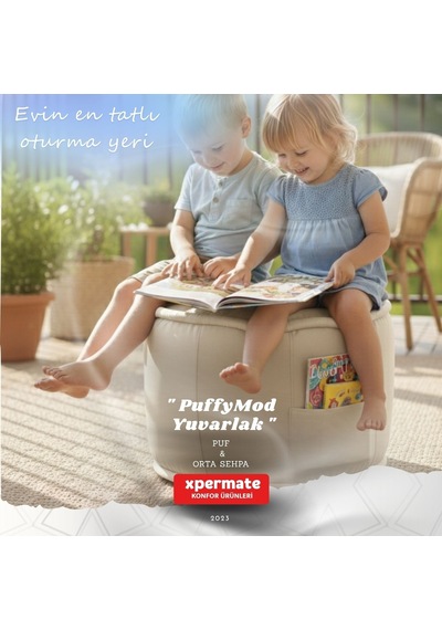 Dekoratif Yuvarlak Puf Orta Sehpa Puf 60x42 Cm Puffymod Bej