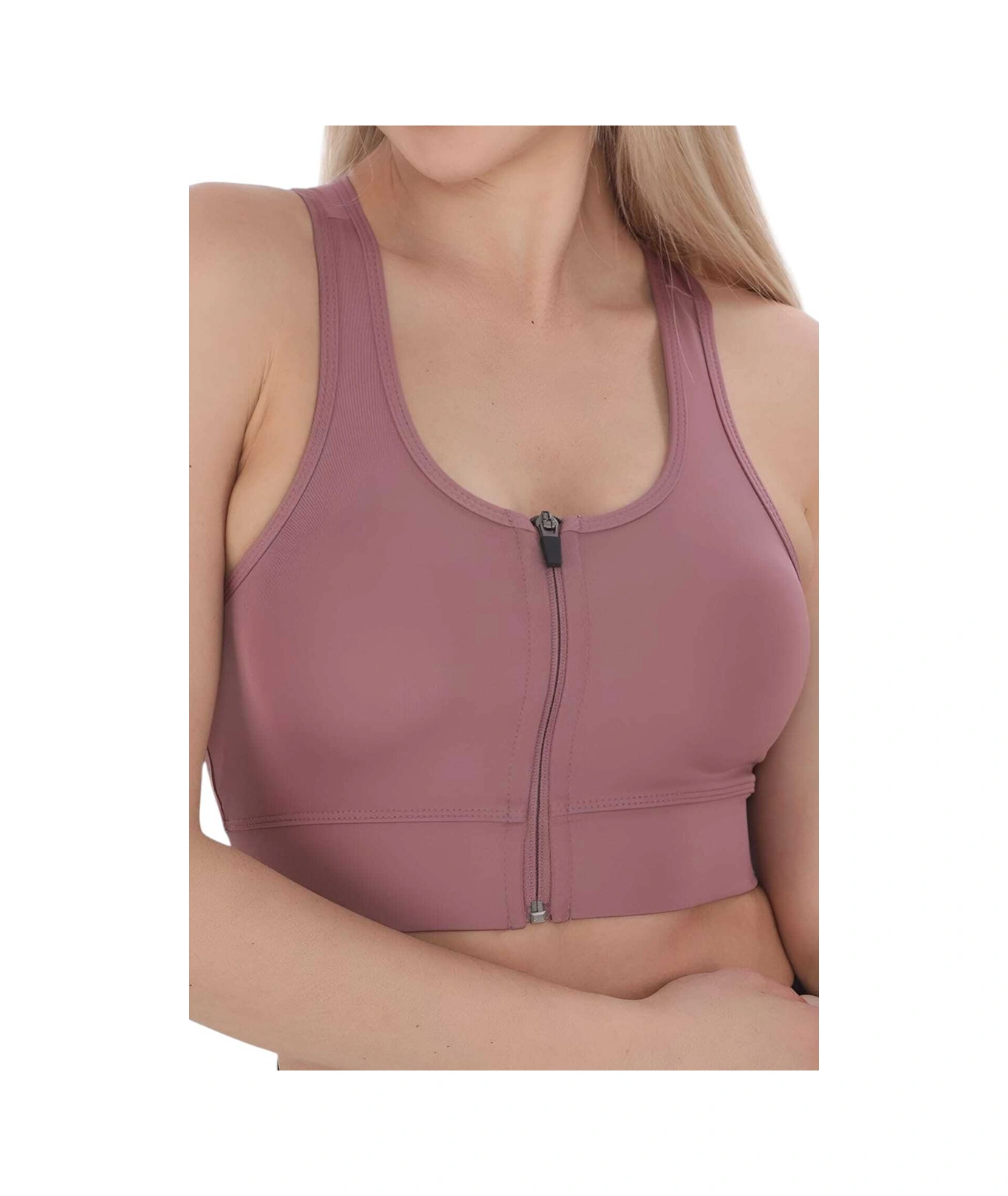 Tezzgelsin Kadın Fermuarlı Sporcu Crop Kadın Büstiyer Gül Kurusu
