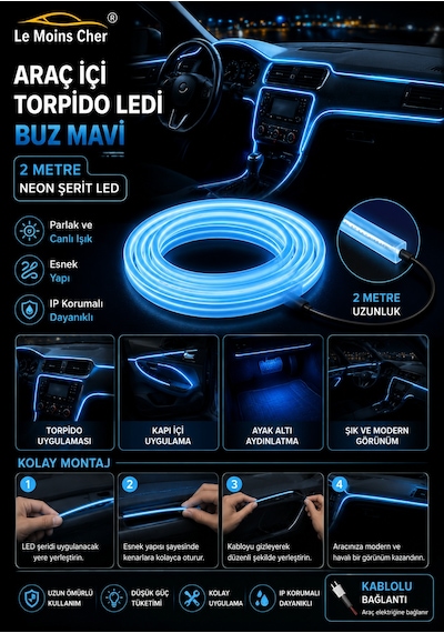 Byd Seal U Design Araç İçi Torpido Ledi Buz Mavi 2 Metre Neon Ip Şerit Led