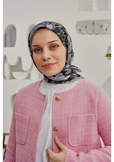 Afvente Yaprak Desen Gri Soft Pamuk Eşarp