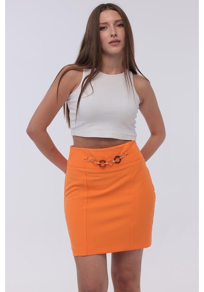Selectmoda Kadın Zincir Toka Detaylı Modern Şık Mini Etek Turuncu