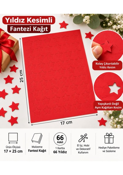 Hazır Kesim Kağıt Yıldız Desen 66 Adet Kırmızı Fantezi Kağıt Süs, Hediye Paketleme, Dekorasyon Ve Hobi