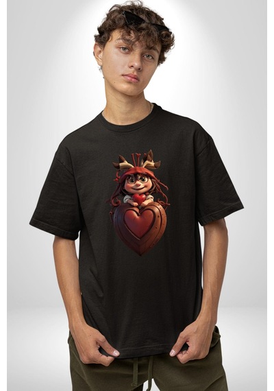 Çikolata Kız Kalbi Pamuklu Bisiklet Yaka Unisex Oversize Boyfriend Dijital Baskılı Siyah T-shirt Siyah