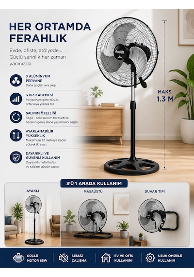 Breeze Mx-bs180 18 İnç 3 Ü 1 Arada Sanayi Tipi 65w 3 Kademeli Ayaklı Vantilatör