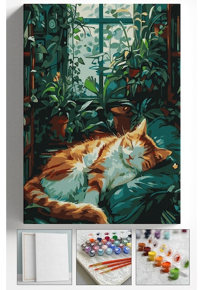 Sayılarla Boyama Tuval Seti Fırça Boya Dahil Çıtalı 40x50 Cm - Uyuyan Kedi