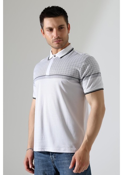 Rıbana Classıc Fermuar Detaylı Desenli Pamuklu Polo Yaka T-shirt Beyaz
