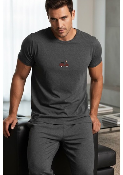 Siyah İnci Kısa Kollu Örme Erkek Pijama Takım 7794 Füme