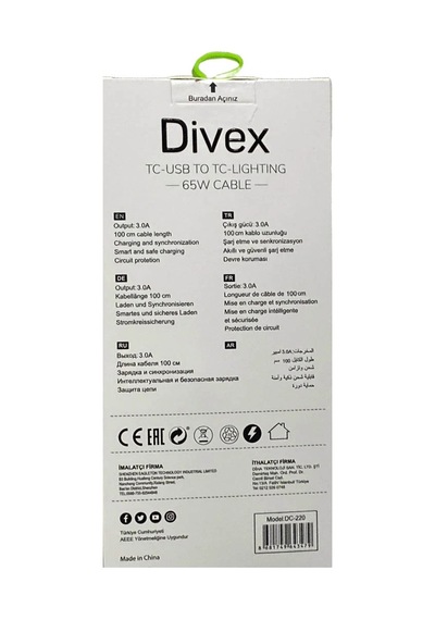 Divex Tc-usb To Tc-lightning 65w/pd27w Şarj Ve Veri Aktarım Kablosu Dc-220