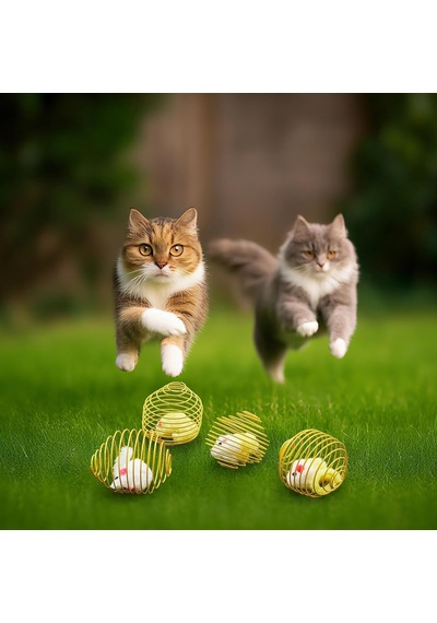 Bakgelal Kedi Oyuncağı Spiral Tel Top & İçinde Peluş Fare Hareketli Zıplayan Kedi Topu, Avcılık İçgüdüsünü Geliştirir, Dayanıklı Metal Yay Top, Kediler İçin Etkileşimli Eğlence Oyuncağı