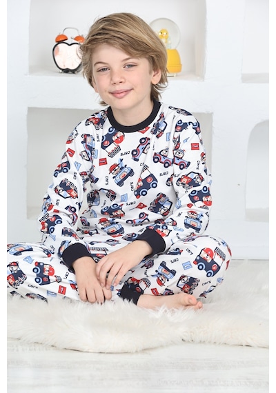 Modanino Erkek Çocuk Klasik Araba Baskılı Pijama Takımı 4-7 Yaş 12292 Beyaz