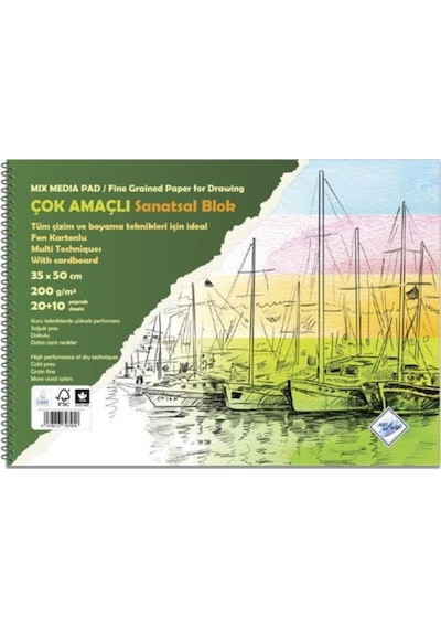 Çok Amaçlı Sanatsal Blok Fon Kartonlu 35X50 Cm 200 Gr 20+10 Yp