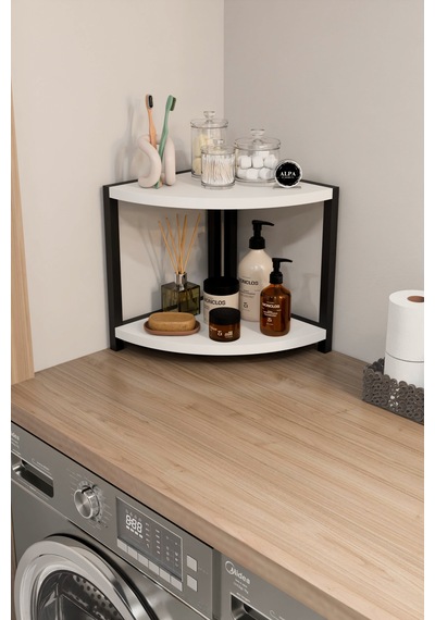 İki Raflı Banyo Köşe Oval Düzenleyici Organizer Raf Metal Gövdeli Çok Amaçlı Banyo Standı Beyaz