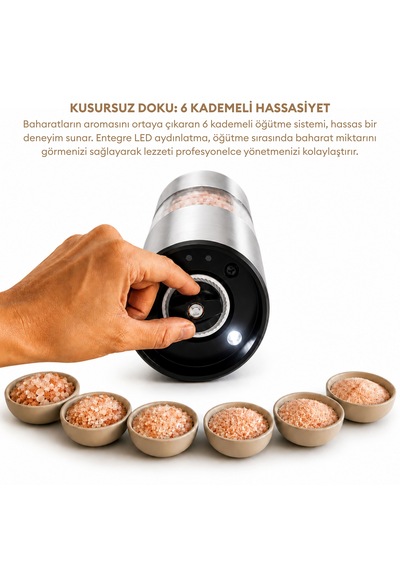Pizen Windmill Usb Şarjlı Otomatik Baharat Öğütücü Led Işıklı Ayarlanabilir Tuz Karabiber Değirmeni Gümüş