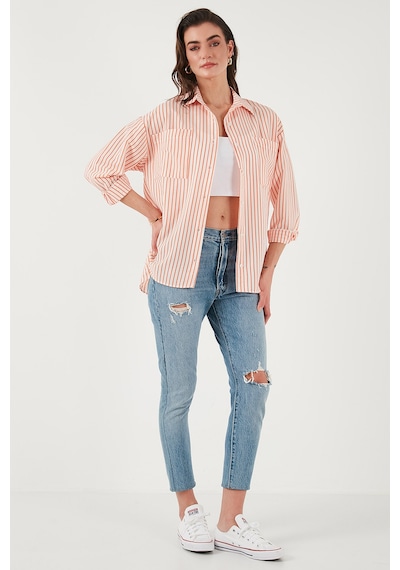 Lela Regular Fit Uzun Kollu Çizgili Bayan Gömlek 6772875 Oranj
