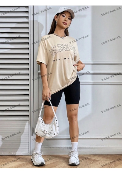 Startmore Unisex Bay Harf Grafikli Düşük Omuzlu Tişört Kod-1309 Siyah