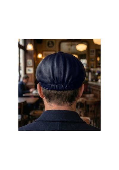 Emybox %100 Hakiki Deri 8 Köşe Kasket Şapka - Peaky Blinders Tarzı Lastikli Erkek Şapka Lacivert
