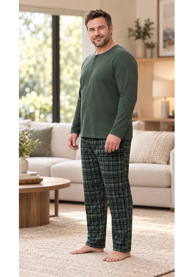 Seboteks İnterlok Kumaş Yakası Düğmeli Uzun Kollu Büyük Beden Erkek Pijama Takımı 8589 Haki Seboteks İnterlok Kumaş Yakası Düğmeli Uzun Kollu Büyük Beden Erkek Pijama Takımı 8589 Haki