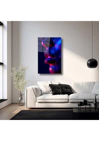 Neon Kadın Yüz Detayı Cam Tablo Neon Işıklı Modern Portre 50x70