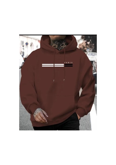 Herkesemoda Cizgi Paris Baskılı Kapşonlu Kahverengi Sweatshirt Kahverengi