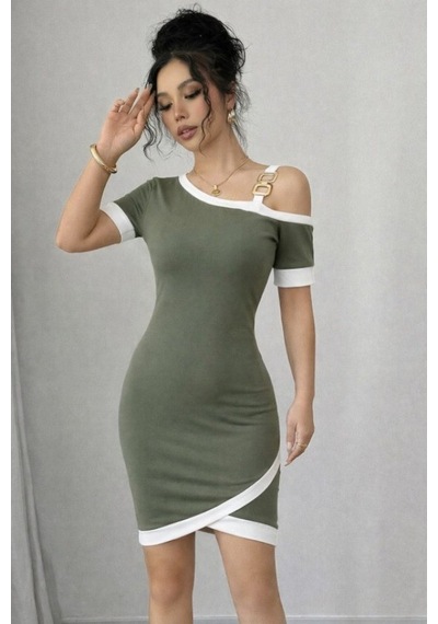 Efnaz Style Kadın Kısa Kollu Asimetrik Kesim Yaka Şerit Ve Aksesuar Detaylı Modal Elbise Yeşil