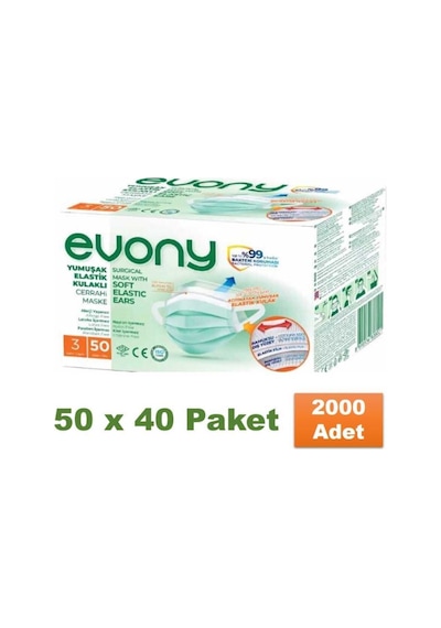 Evony Yumuşak Elastik Kulaklı Cerrahi Maske 2000Ad 50 x 40 Pk.