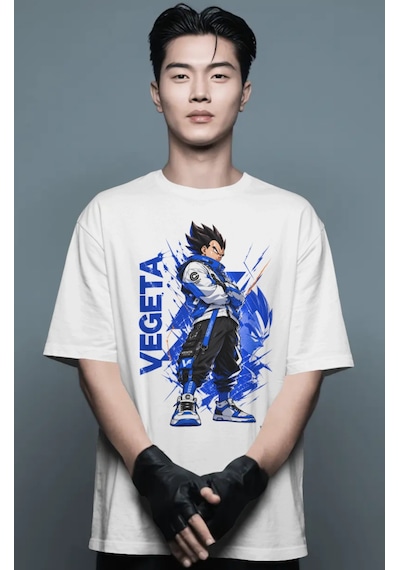 Unisex Oversize Vegeta Dragon Ball Anime Karakter Ön Baskılı Prem Beyaz