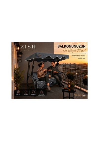Zishtekstil Keten Kumaş Süngerli Gölgelikli 2 Kişilik Salıncak Minderi 8 Cm Gri