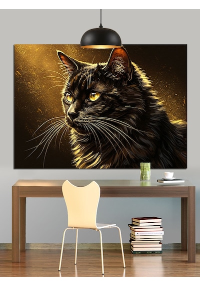 Sarı Gözlü Siyah Kedi Dekoratif Kanvas - Mdf Ahşap Tablo