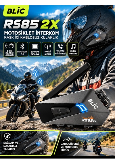 Blic Rs85 2x Tekli Motosiklet İnterkom 2 Kişi Eşleşme Özellikli, Bluetooth 5.0, 800 Mah Batarya, Kask İçi Kulaklık-14933