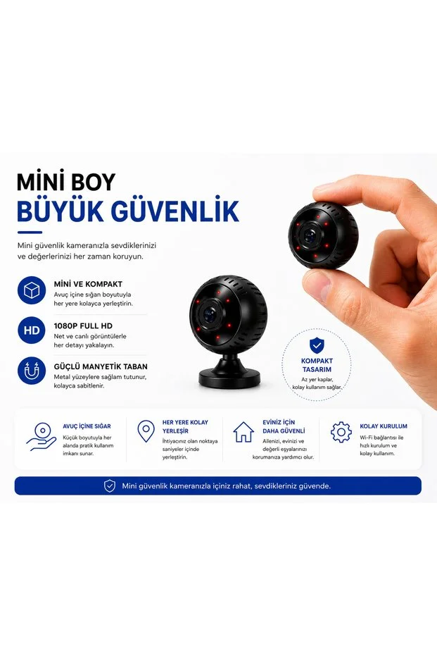 Mini Wi-fi Güvenlik Kamerası 1080p Full Hd Geniş Açı Gece Görüşü Hareket Algılama 64gb Sd Kart Destekli