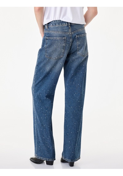 Koton Taş Detaylı Yüksek Bel Düz Paça Denim Pantolon- Straight Jeans Orta İndigo 7wal40097md Koton Taş Detaylı Yüksek Bel Düz Paça Denim Pantolon- Straight Jeans Orta İndigo 7wal40097md
