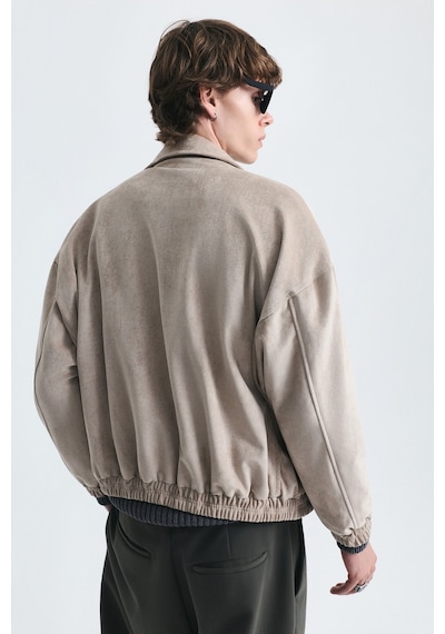 Vamos Oversize Polo Yaka Suni Süet Mont Bej