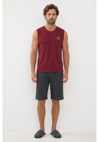 Tudors Erkek Standart Fit Normal Kesim Kısa Kollu Pamuklu Baskılı Bordo Gri Pijama Takımı-51145