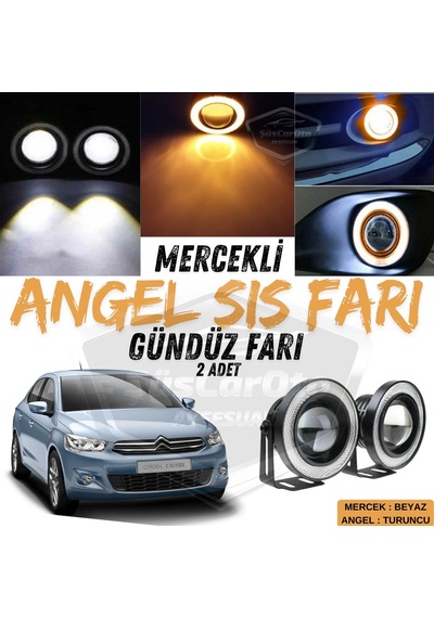 Citroen C Elysee 2012-2023 Uyumlu Üniversal Mercekli Angel Sis Farı Metal Su Geçirmez 76 Mm Halkalı Gündüz Farı Sis Farı 55450167