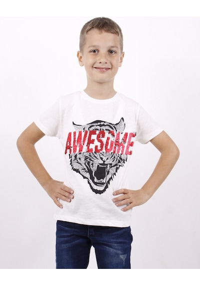 Toontoy Kids Toontoy Erkek Çocuk Awesome Pul Nakışlı T-shirt Ekru