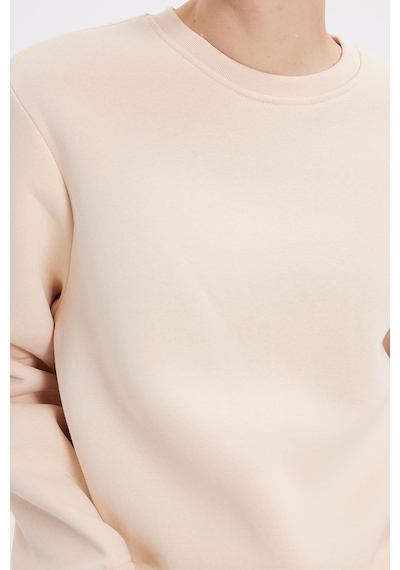 Tudors Kadın Oversize Geniş Kesim Pamuklu 3 İplik İçi Polarlı Basic Bej Bisiklet Yaka Sweatshirt-42065 Bej
