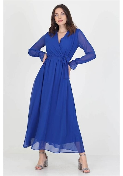 Neşeli Butik Kadın Yeni Sezon Astarlı Kruvaze Yaka Uzun Şifon Elbise Nb003 Saks