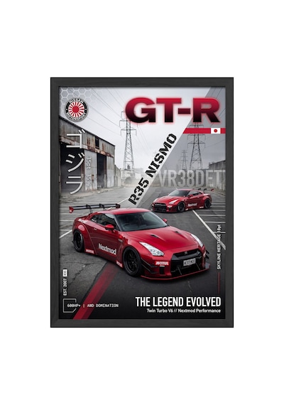Nissan Gt-r R35 Nismo Siyah Ahşap Çerçeveli Poster, Dekoratif Araba Duvar Tablosu