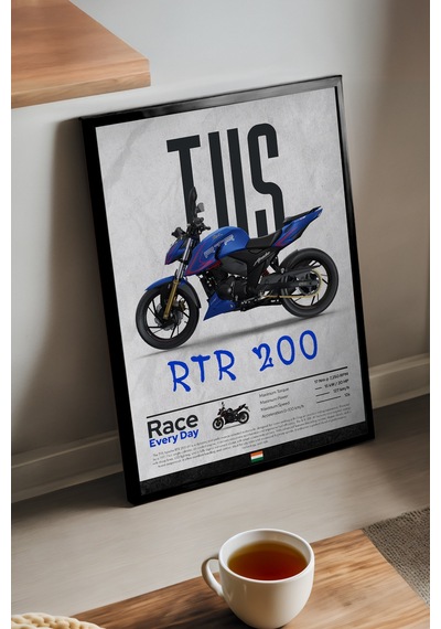 Tvs Rtr 200 Siyah Ahşap Çerçeveli Poster, Dekoratif Motosiklet Duvar Tablosu