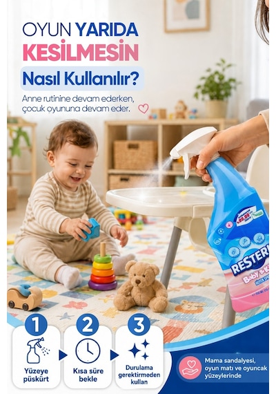 Resteril Bebek Yüzey Temizleyici Durulanmayan Çok Amaçlı Dezenfektan Sprey Mama Sandalyesi Oyun Matı Oyuncak Hijyen Spreyi Baby Kids 750 ML