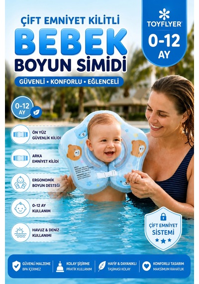 Bebek Boyun Simidi Ayıcık Figürlü Şeffaf Çift Emniyet Kilitli Mavi Nr001