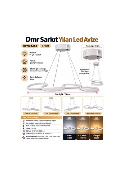Dmr Sarkıt Yılan Led Avize Beyaz Kasa 45w Üç Renk 6500k/4000k/3000k Beyaz /sarı/ılık Beyaz Günışığ Çok Renkli