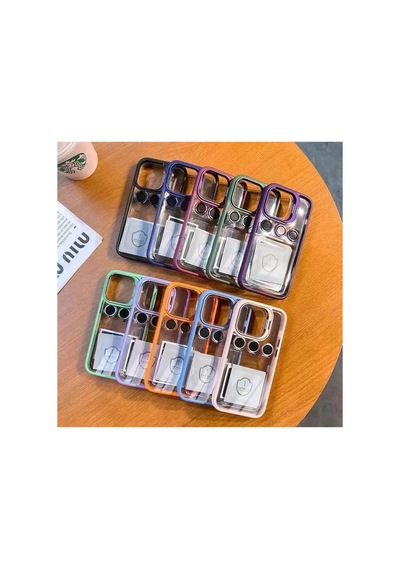 İphone 15 Pro Max Uyumlu Kamera Korumalı Açılır Bumper Pencere Standlı Arkası Şeffaf + Lens Koruyucu Resimde Görünen