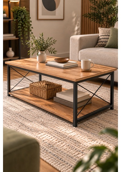 Sulorahome Ceviz Desenli Çift Raflı Orta Sehpa 90x50 Cm