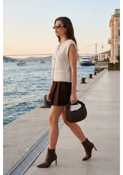 Lela Premium Oversize Fit Bisiklet Yaka Düğmeli Örgü Bayan Yelek 680Yl1416 Taş