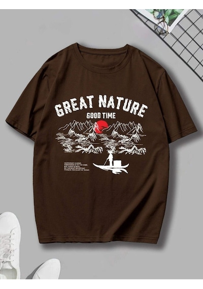 Flood Of Style Erkek Kahverengi Great Nature Baskılı Bisiklet Yaka Tişört